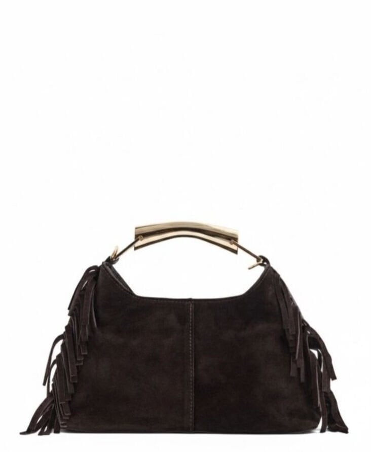 Gold Kulp Detaylı Süet Deri Lea Çanta Acı Kahve